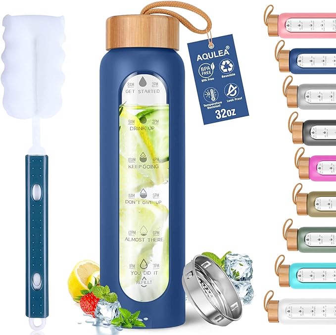 Aqulea Glass Water Bottles 32 Oz with Silicone Sleeve - BPA Free Reusable Wide Mouth Glass Motivational Water Bottles with Fruit Infuser – Leak Proof Borosilicate Water Bottle with Time Marker (Blue)
