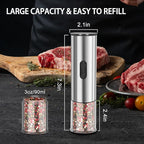 Electric Salt and Pepper Grinder Set, Rechargeable Salt and Pepper Shakers Refillable, Automatic Pepper Mill with Adjustable Coarseness, One Hand Operation with LED light, Stainless Steel