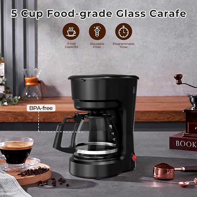 5-Cup Programmable Coffee Maker, Small Drip Coffee Machine with Food-grade Glass Carafe Coffee Pot, Always Keep Warm with Switch, Delay Brew, 25oz Water Reservoir, Compact for Home/Office/RV/Dorm