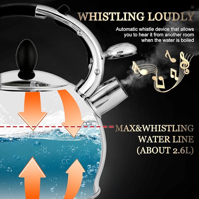 SUSTEAS Stove Top Whistling Tea Kettle - Food Grade Stainless Steel Teakettle Teapot with Cool Touch Ergonomic Handle, With 1 Silicone Pinch Mitt Included,2.64 Quart(SILVER)