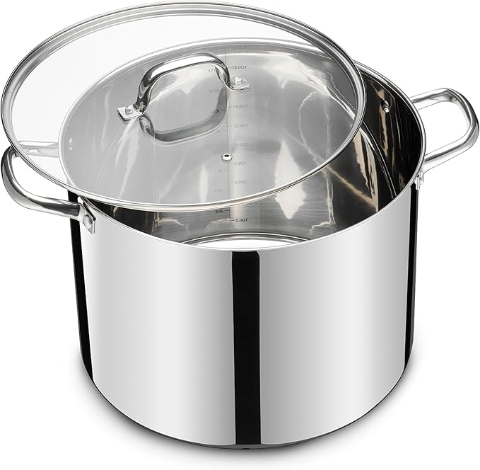 20 QT Stainless Steel Large Stock Pot, LIANYU Heavy Stockpot with Glass Lid, Deep Soup Canning Pot for Stewing Simmering, Tri-ply Base for Induction, Halogen Cooktops, Dishwasher Safe