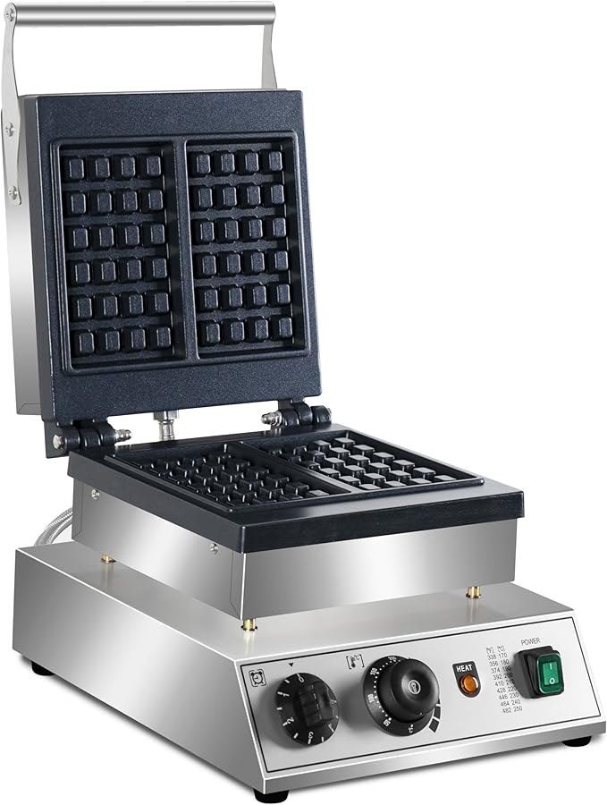 Commercial Waffle Maker, 1600W rectangle Waffle Iron, Non-Stick Belgian Waffle Baker Machine With Temp Range and Time Control, Teflon-Coated Baking Pan Stainless Steel Body