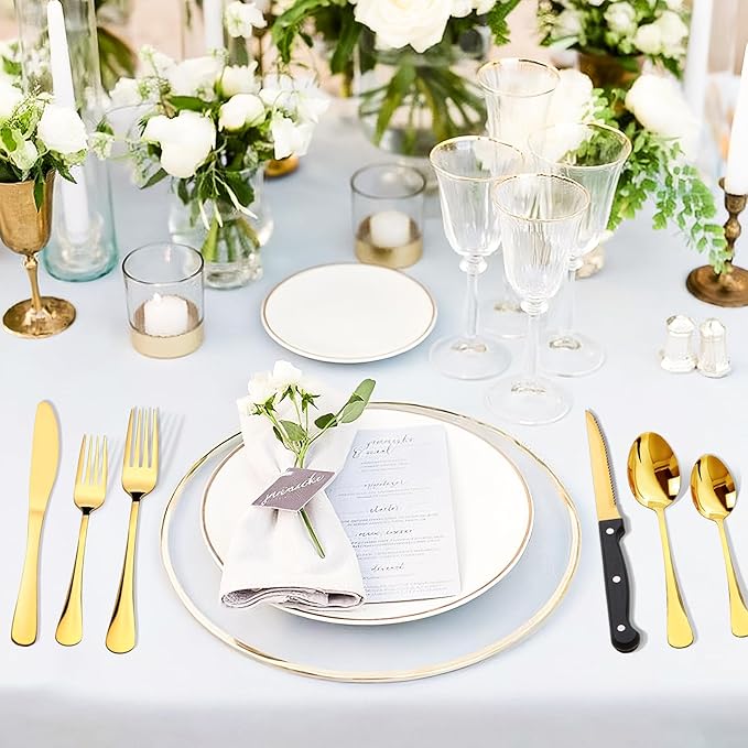 48-Pack Gold Silverware Set with Steak Knives, Stainless Steel Tableware Cutlery Spoons Forks Kit, For Buffet Kitchen Restaurant Hotel, Kitchen Flatware Utensils Set, Mirror Polished