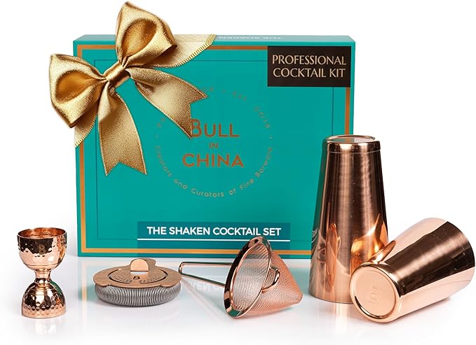 5 Piece Cocktail Kit by Bull In China - Premium Bartender Gift Set Includes Weighted 2 Piece Boston Shaker, Hammered Bell Jigger, Hawthorne Strainer & Fine Mesh Strainer (Copper)