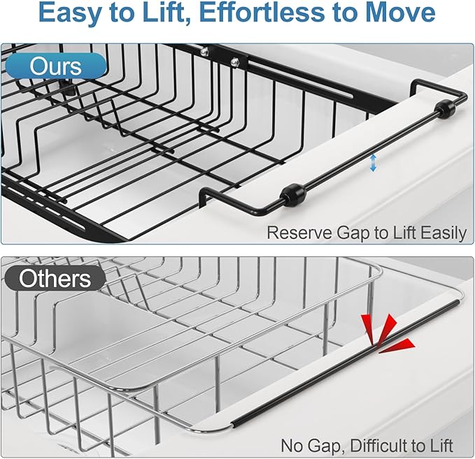 iSPECLE Expandable in Sink Dish Drying Rack - Adjustable Capacity (12.4''-17.1''L) Over The Sink Dish Drainer Drying Rack for Kitchen Counter and Sink, Dish Rack with Utensil Holder, Black