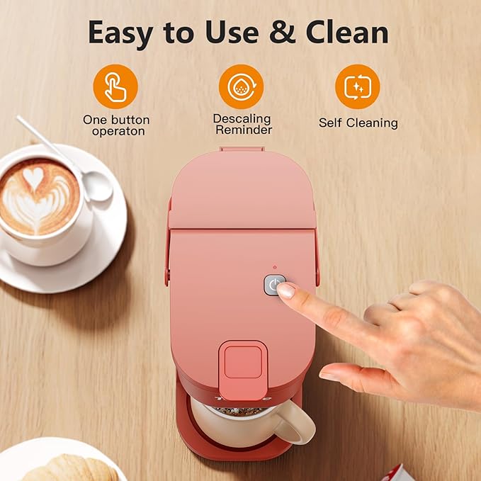 Single Serve One Cup Coffee Maker, for K Cups and Grounds, Mini Coffee Maker with Portable Handle, 6 to 12 Oz Brew Size, for Travel, Camping, Office, RV and Dorm, 120V, Salmon Pink