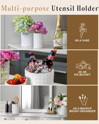 Utensil Holder - 7.2"+5.4" Ceramic Utensil Holder for Kitchen Counter, Large Utensil Crock Flatware Organizer Spatula Holder for Counter, Farmhouse Embossed Vase for Housewarming, Home & Kitchen Decor