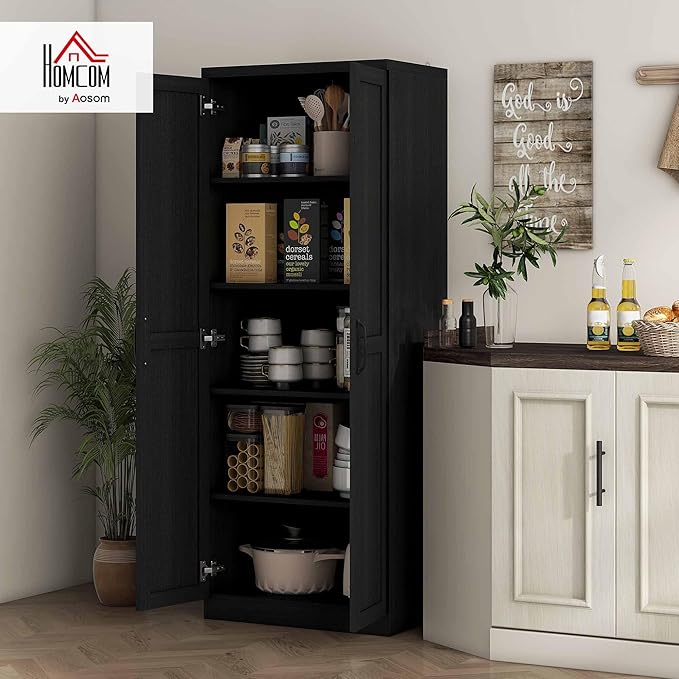 HOMCOM 63" 2-Door Kitchen Pantry, Freestanding Storage Cabinet with 5-Tier Shelving and 2 Adjustable Shelves for Dining Room, Black Wood Grain