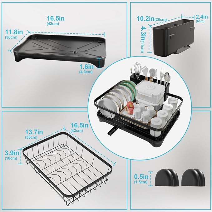 Dish Drying Rack with Drainboard - Space Saving Single Layer Drying Rack,Large Capacity Kitchen Organizer with Utensil Holder & Cutlery Tray, Countertop Dish Drainer Black