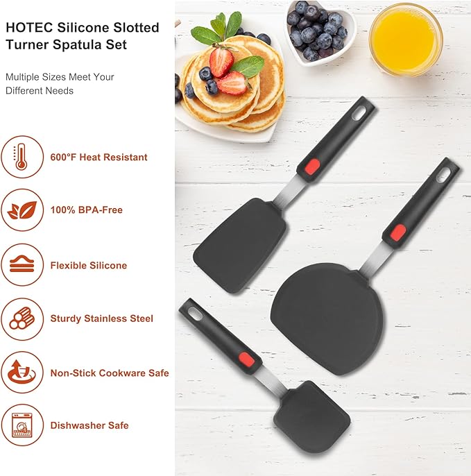 Hotec Silicone Spatula Turner for Nonstick Cookware, Cooking Spatulas 600°F Heat Resistant Large Flexible Rubber Spatula Set of 3, Kitchen Utensils for Flipping Eggs, Burgers, Pancakes, Crepes
