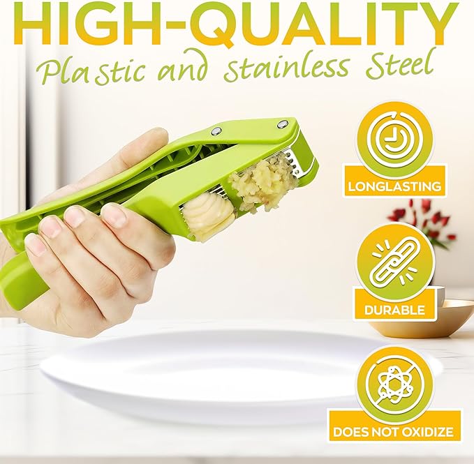 2 in 1 Garlic Slicer and Mincer - Multipurpose Garlic Press and Slicer, Stainless Steel and Durable Plastic, 7.6 x 1.7 x 2.5" Convenient Size, Easy to Use and Clean, Good for Home & Commercial Use