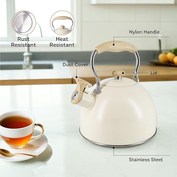Lily's Home Whistling Tea Kettle, Teapot for Stovetop, Pleasant Whistle Sound, Heat Resistant Plastic Handle - Faux Wood Finish, Non Toxic Stove Kettle for Boiling Water - 2.5 Quarts (Cream)