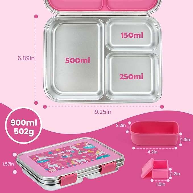MaMix Bento Lunch Box Stainless Steel,3 Compartments Leak-Proof Bento Box for Sandwich, Lunch Containers Freezer Safe (pink)