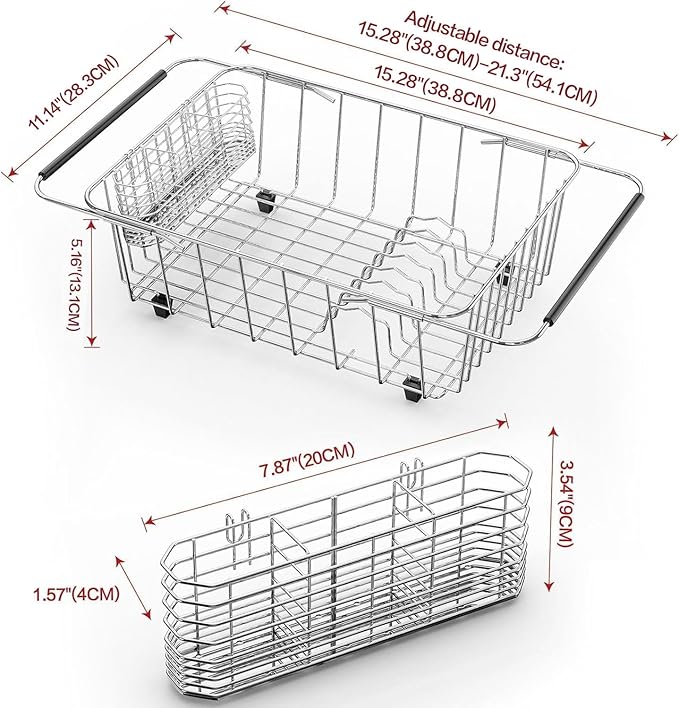 Large Dish Drainer Rack in Sink Adjustable, Expandable 304 Stainless Steel Metal Dish Drying Rack Organizer with Stainless Steel Utensil Holder Over Inside Sink Counter, Rustproof