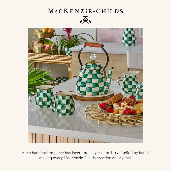 MACKENZIE-CHILDS Large Enamel Canister, Kitchen Storage Container with Lid, Green-and-White Emerald Check