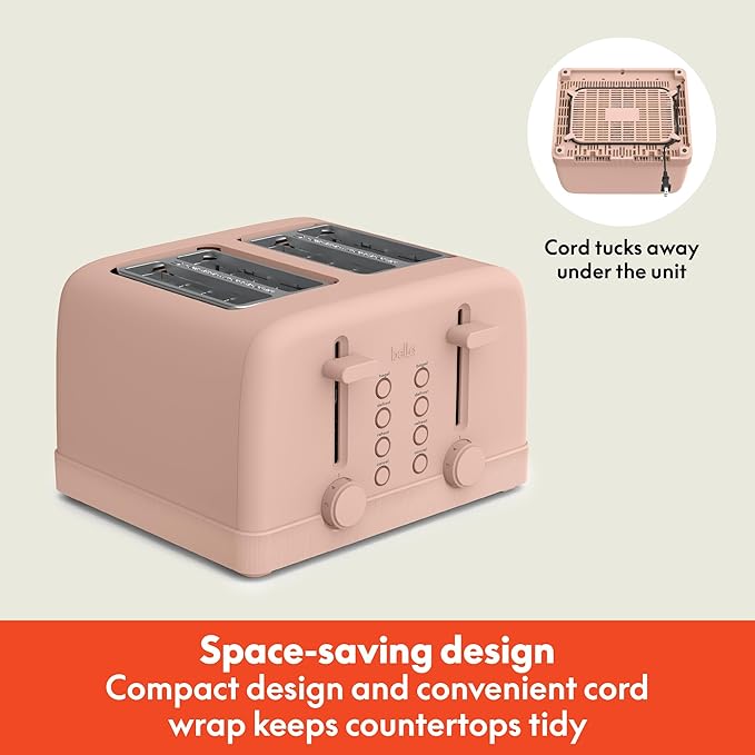 bella 4 Slice Toaster, 6 Setting Shade Control with Reheat & Cancel Buttons, Removable Crumb Tray, Anti Jam & Auto Shutoff, 900 Watt, Blossom