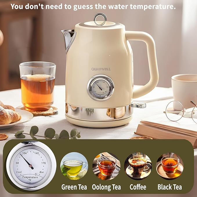 Retro Electric Kettle, 1.7L 304 Stainless Steel Tea Kettle with Temperature Gauge, 1500W Fast Boiling Water Boiler,Auto Shut-Off & Boil-Dry Protection, BPA-Free, Beige