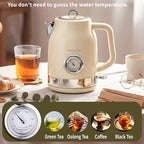 Retro Electric Kettle, 1.7L 304 Stainless Steel Tea Kettle with Temperature Gauge, 1500W Fast Boiling Water Boiler,Auto Shut-Off & Boil-Dry Protection, BPA-Free, Beige