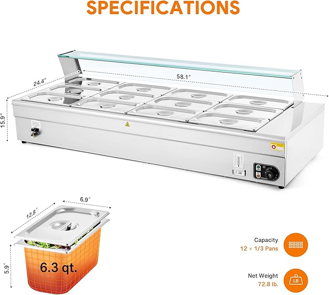 WILPREP 12-Pan Commercial Food Warmer with Sneeze Guard, Twelve 1/3 Pans, 1500W Countertop Electric Steam Table, 86-185°F Adjustable Temp Control, Stainless Steel Buffet Bain Marie
