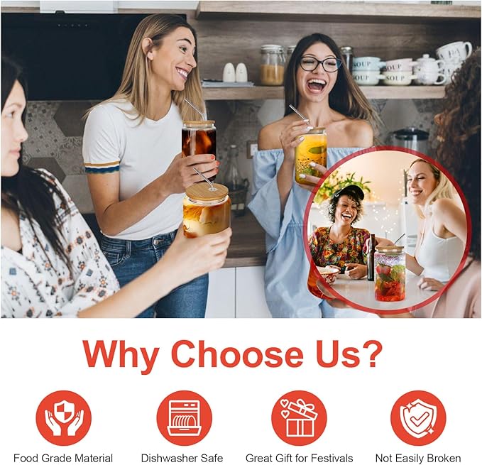 16Pcs Glass Cups With Bamboo Lids and Straws,16Oz Ice Coffee Cup,Drinking Glasses Cups Set,Water Bottles Glasses for Juicing,Beer,Coffee,Soda,Tea-Glass Tumbler Reusable for Gifts