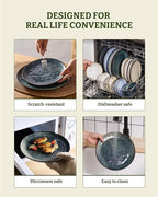 Famiware Ocean Round Plates and Bowls Set, 18 Pieces Dinnerware Sets, Dishes Set for 6, Reactive Glaze, Microwave and Dishwasher Safe, Scratch Resistant, Deep Forest