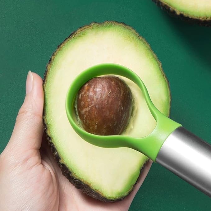 3-in-1 Avocado Slicer Tool, Emptycolor Stainless Steel Avocado Cutter, Pitter & Peeler, Multi-Function Avocado Tool for Slicing, Scooping, and Pit Removal, Kitchen Gadget with Green Plastic Handle