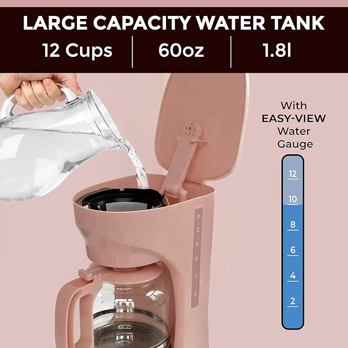 MUELLER HOME 12-Cup Pink Coffee Maker - Borosilicate Carafe, Auto-Off, Pink Kitchen Accessories, Reusable Filter, Anti-Drip, Kitchen Appliances, Keep-Warm Function, Kitchen Décor