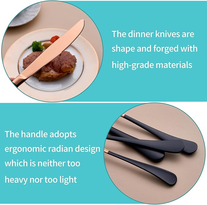 20-Piece Rose Gold and Black Silverware Set for 4 - 18/0 Stainless Steel Flatware Cutlery Utensils, Include Dinner Knives, Forks, Spoons, Salad Forks, Teaspoons, Dishwasher Safe