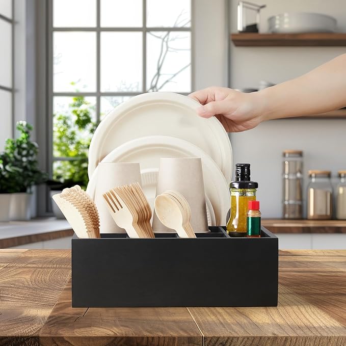 Wood Utensil Holder for Party, 6-Compartment Paper Plate Organizer with Handles, Wooden Silverware Caddy for Picnic, Camping, BBQ, Buffet, and Kitchen Countertop Organization, Black