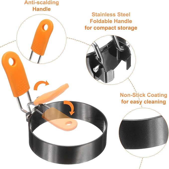 HARFINGTON 2Pcs Egg Rings 4" Stainless Steel Nonstick Pancake Cooking Ring with Silicone Handle for Griddle Frying Eggs Sandwich Omelets Breakfast