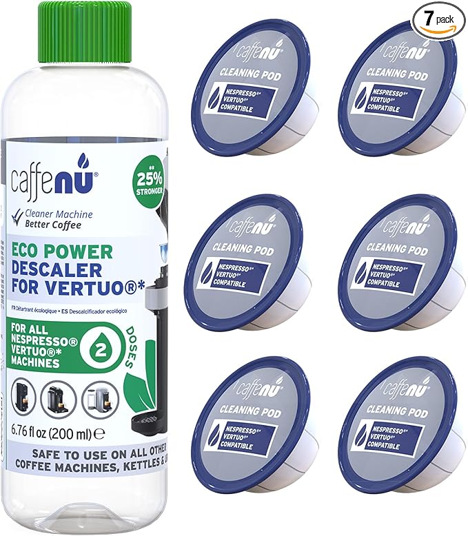 Caffenu Descaling Kit Compatible with Nespresso Vertuo, 2 Uses Descaling Solution and 6 Cleaner Pods. Removes Limescale & Cleans Pod Area. Better Tasting & Hotter Coffee. 4 Months Supply.