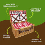 Nature Gear Picnic Basket, Wicker Basket with Handle for Outdoors, Insulated Woven Basket, Includes a Service Kit of Dinnerware & Wine Glasses, Picnic Basket Set for 4, Red & White