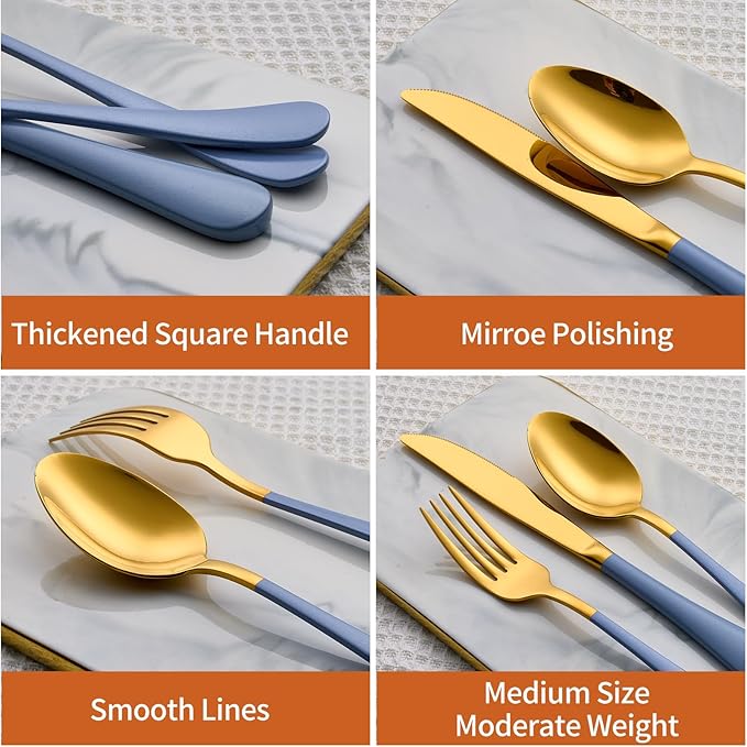 20 Piece Gold and Blue 18/0 Flatware Utensil Set for 4, Include Dinner Knife,Dinner Forks,Dinner Spoons,Salad Forks,Teaspoons,Silverware Set for 4, Dishwasher Safe