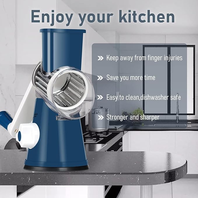 KEOUKE Rotary Cheese Grater Hand Crank Deep Blue - Shredder Slicer Grinder 3 Stainless Steel Blades, Stable Suction, Labor-Saving Handle, Safe Kitchen Tool for Cheese, Vegetable, Nuts, Chocolate