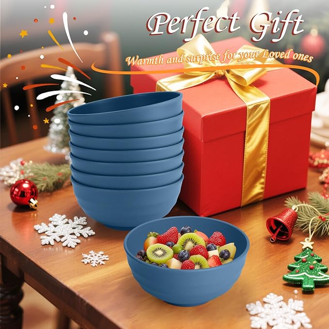 Homienly Deep Noodle Bowls Set of 8: 60oz Large Wheat Straw Bowls for Pho, Ramen & Salad, Lightweight & Unbreakable, Microwave Safe for Camping, Cereal & Soup (Blue)