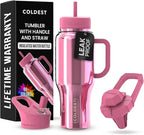 Coldest Tumbler with Handle and Straw - 100% Spill Proof Tumbler with Straw (3 Lids) - Stainless Steel Insulated Leakproof Tumblers for Women & Men - 36 oz (Pink Reflections)