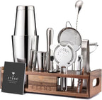 Premium 15-Piece Mixology Bartender Kit – Stainless Steel Cocktail Shaker Set with Wooden Stand | Professional Boston Shaker Bar Tool Set for Home & Expert Mixologists | Luxury Cocktail Making Gift