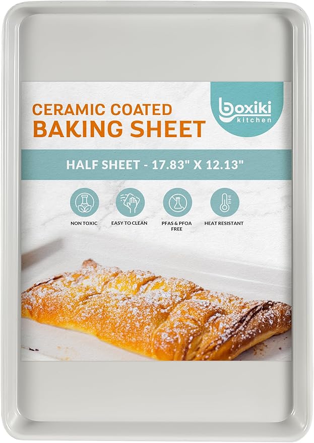 Boxiki Kitchen Non-Stick Ceramic Baking Sheet - Slick & Non-Toxic Ceramic Coating, PTFE & PFOA Free Cookie Sheet Pan - Cookie Sheet, Perfect for Baking, Roasting, and More (Half Sheet Pan)