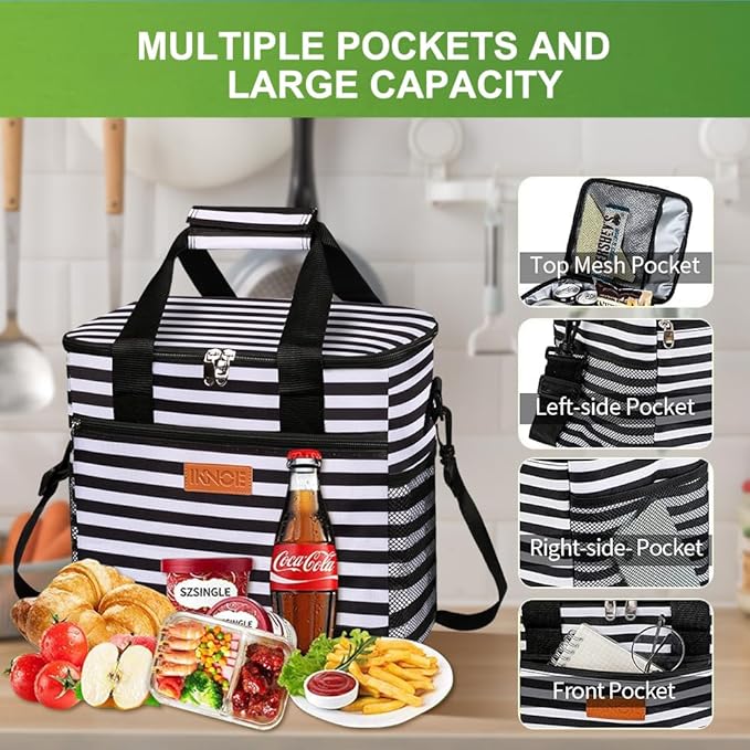 iknoe Large Cooler Bag Collapsible, 15L Insulated Bags, Leakproof Lunch Cooler Tote with Multi-Pockets for Adult, Insulated Lunch Box for Beach, Picnic,Work, Stripe 24-Can