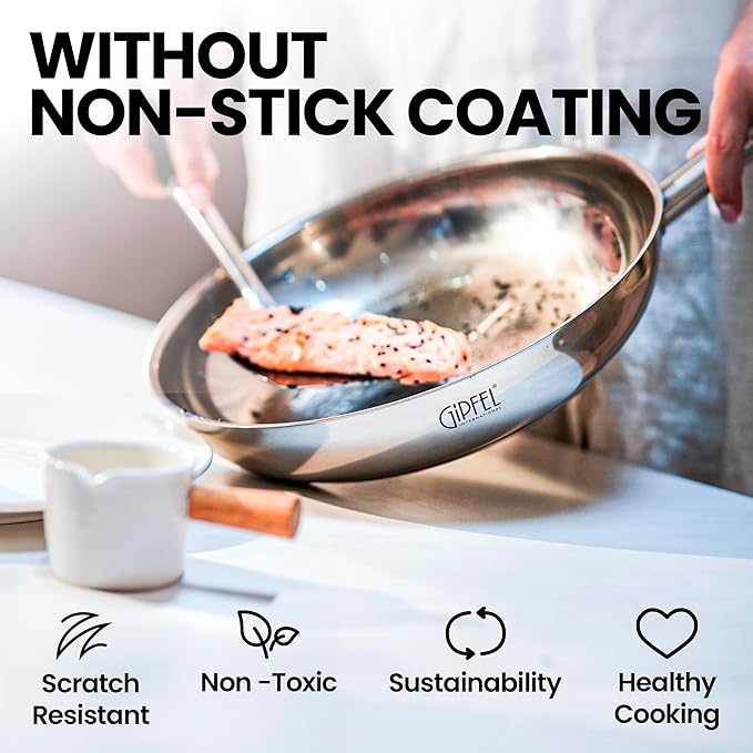 GIPFEL INTERNATIONAL Stainless Steel Frying Pan 12 Inch - Tri Ply Stainless Steel Skillet Healthy Non Toxic Cookware - Fry Pans for Induction Gas Electric Ceramic Stove & Oven Safe (12 Inch)