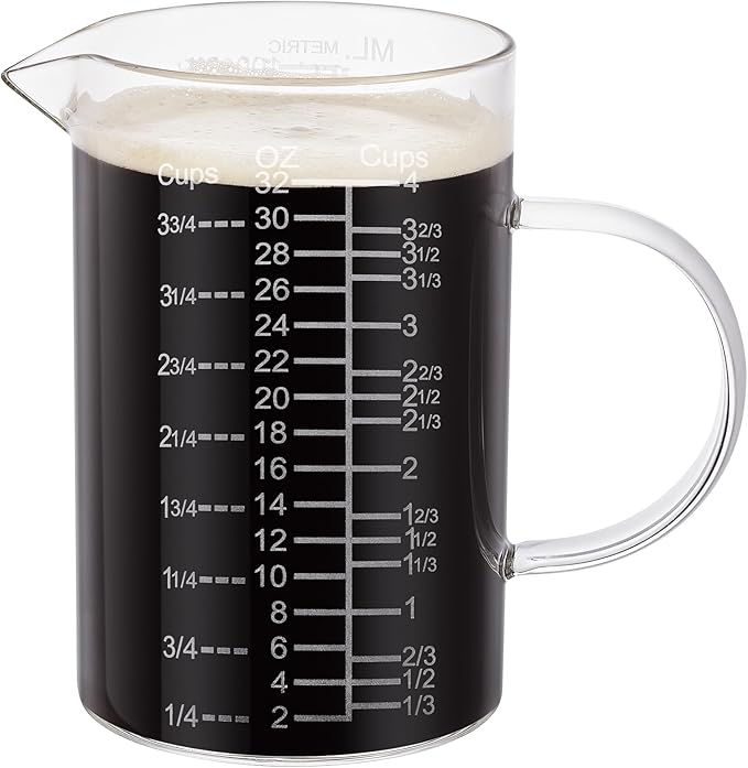 Ackers Etched Graduated Glass Measuring Cup - [Insulated Handle | V-Shaped Spout] - High Borosilicate Glass Measuring Cup for Kitchen or Dining, Easy to Read,1000 ML (32 Oz, 4 Cup)