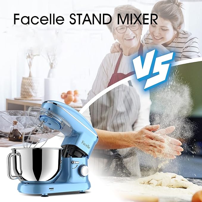Facelle Stand Mixer, Electric Kitchen Mixer, 660W 6 Speed Tilt-Head stand mixer with Pulse, Attachments include 6.5QT Bowl, Dishwasher Safe Beater,Dough Hook,Whisk for Dough,Baking,Cakes,Cookie - Blue