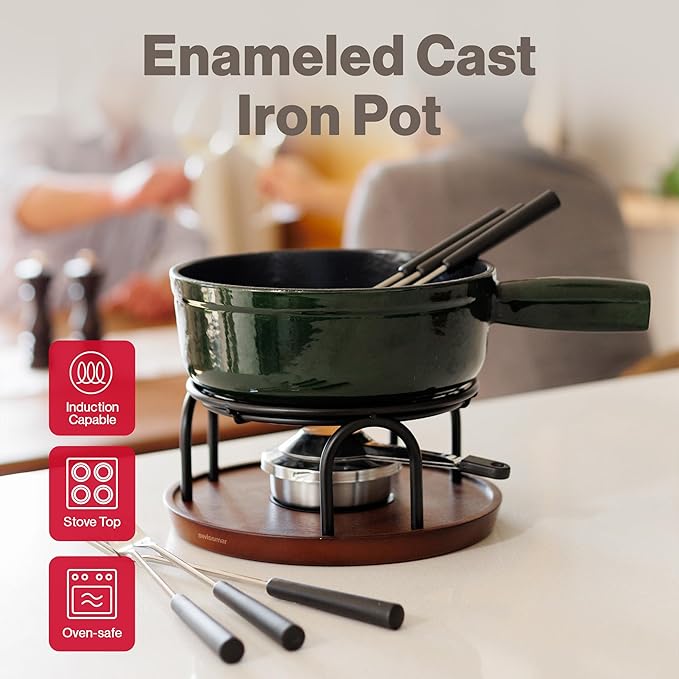 Swissmar Ticino Cast Iron Fondue Set with Enameled Interior, 2L / 2 QT – 9-Piece Cheese & Chocolate Fondue Pot with Forks, Burner & Beechwood Base – Perfect for Family Gatherings & Gift Giving – Green