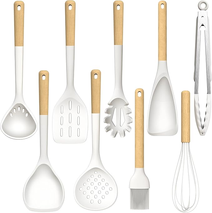 Large Silicone Cooking Utensils Set - Heat Resistant Silicone Kitchen Utensils for Cooking w Wooden Handles, Spatula Set, Kitchen Utensil Gadgets Sets for Non-Stick Cookware, BPA Free (Cream White)
