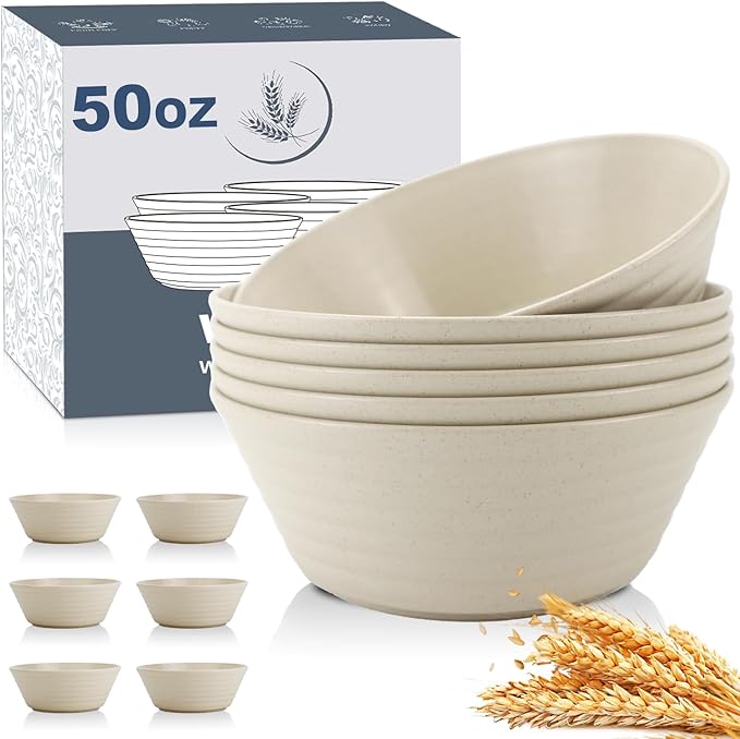 Wheat Straw Bowl Sets,6 PCS Unbreakable Cereal Bowl 50 OZ,Microwave and Dishwasher Safe Bowls,Super Big Bowl Sets BPA Free for Serving Cereal,Oatmeal and Salad (Beige)