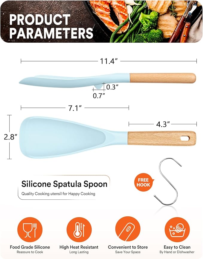 Cooking Spoon for Nonstick Cookwares, Great for Cooking and Serving Sturdy BPA-Free Matte Silicone, Wood Handle Spoon for Mixing, Scoop, and Scrape (BLUE)
