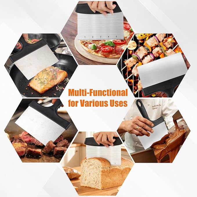 Grill Scraper&Bench Scraper Set，Food Scraper with Handle for Blackstone, Flat Top Grill Cleaning，Premium Stainless Steel Dough Cutter with Measuring Scale for Pastry,Cake,Pizza,Bread,Cooking