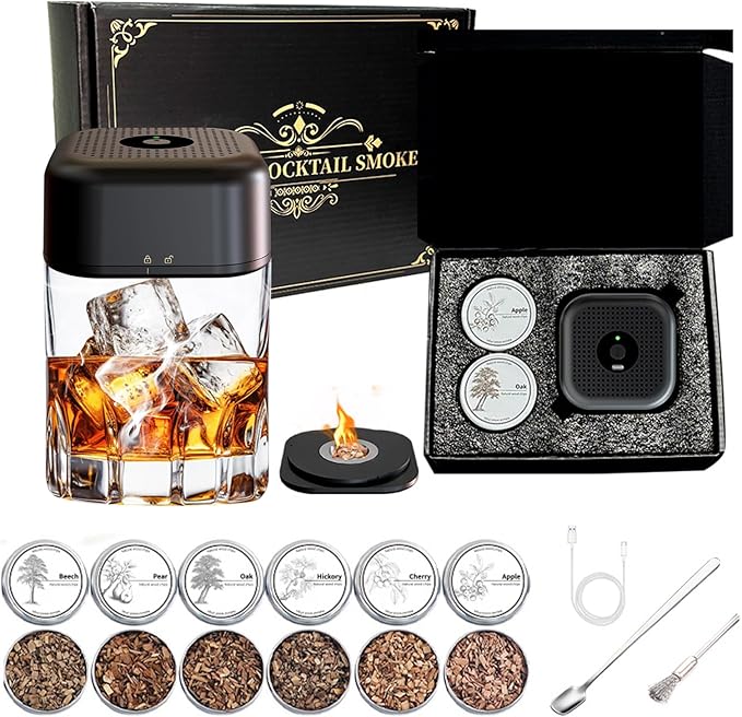 Whiskey Smoker Kit with 6 Wood Chips – Electric Cocktail Smoker Kit with Built-in Lighter & LED Light, Old Fashioned Bourbon Drink Smoking Kit Gifts for Men, Dad, Husband, Whiskey Lovers