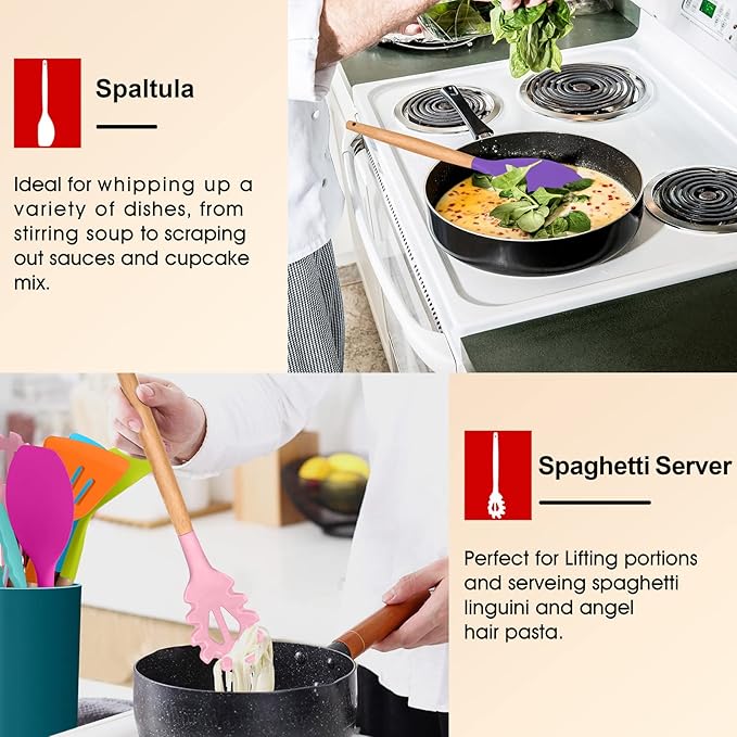 Cooking Utensils Set of 6, E-far Silicone Kitchen Utensils with Wooden Handle, Non-stick Cookware Friendly, Includes Spatula/Ladle/Slotted Turner/Serving Spoon/Spaghetti Server(Multi-colored)
