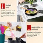 Cooking Utensils Set of 6, E-far Silicone Kitchen Utensils with Wooden Handle, Non-stick Cookware Friendly, Includes Spatula/Ladle/Slotted Turner/Serving Spoon/Spaghetti Server(Multi-colored)